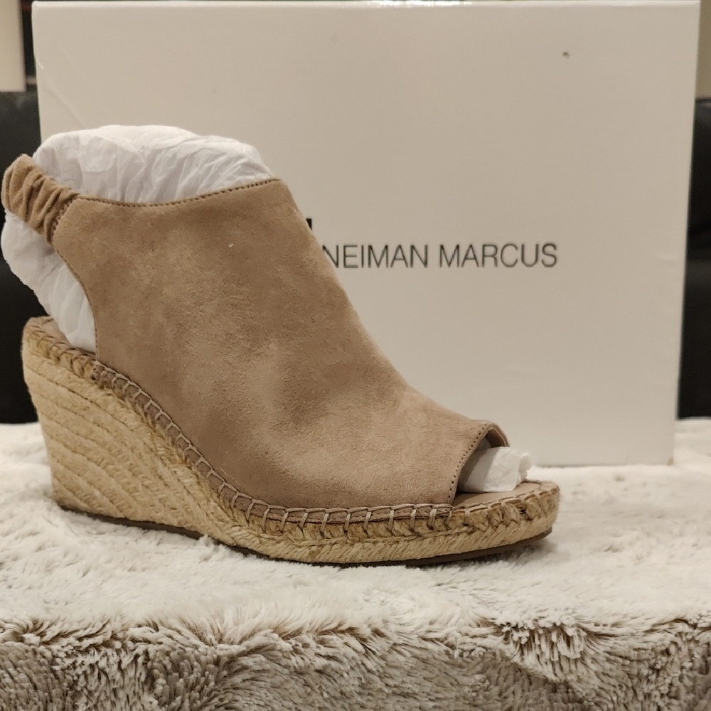 Neiman Marcus Beige Suede Wedge Sandals